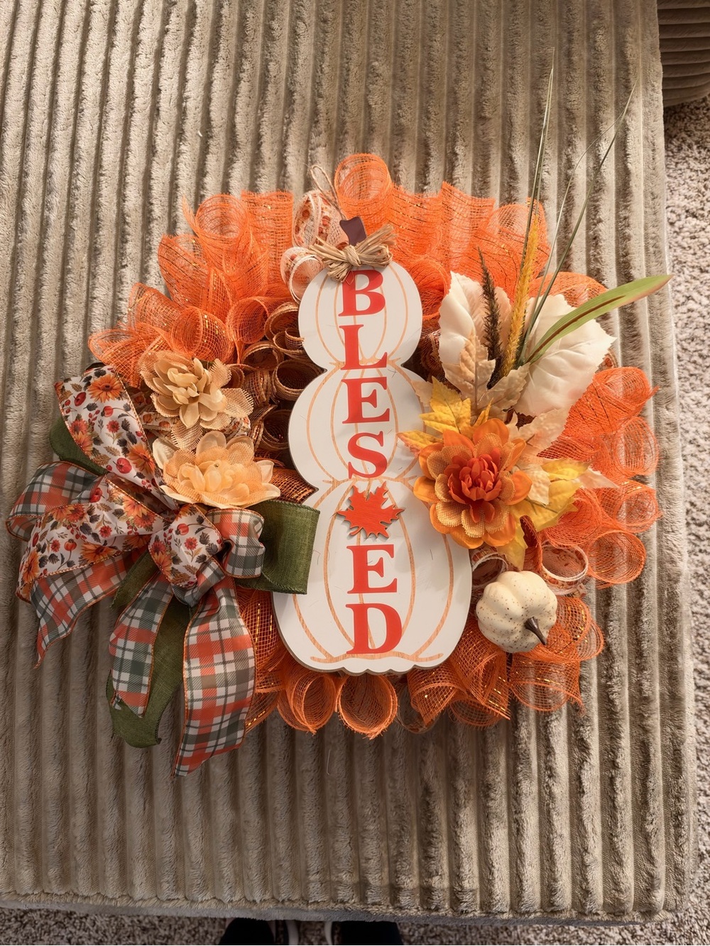 Blessed Orange Fall Wreath with Floral Accents
